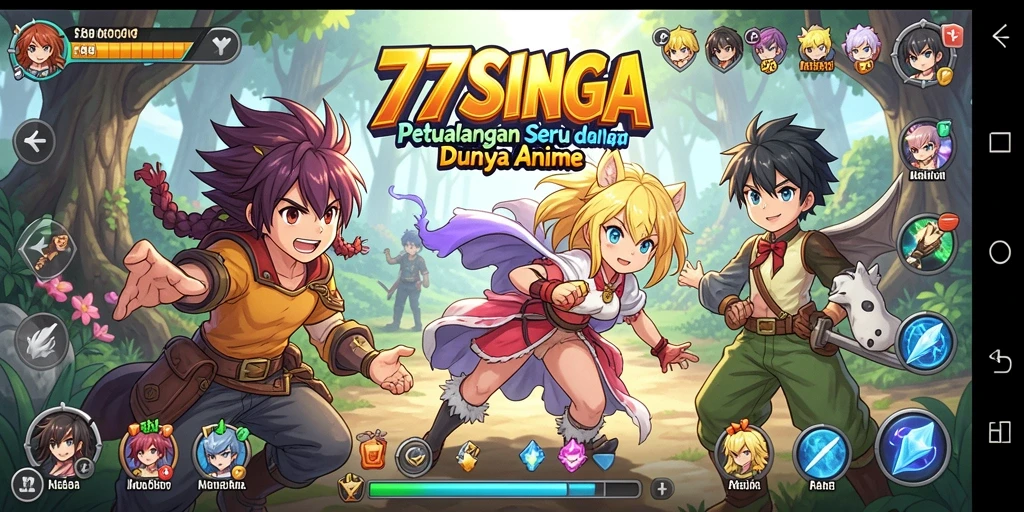 Tangkapan layar 77SINGA menampilkan aksi seru dan karakter anime.