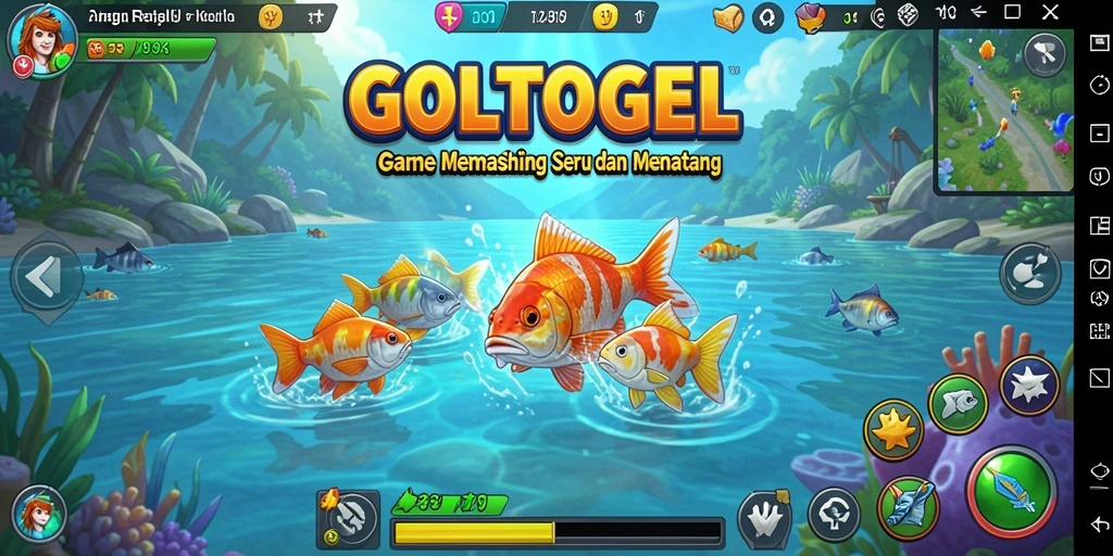 Screenshot gameplay GOLTOGEL menampilkan aksi seru saat memancing ikan.
