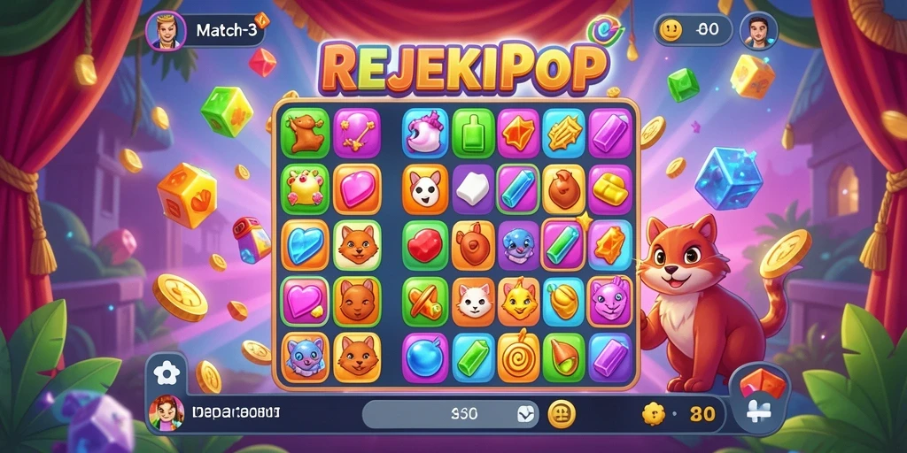 Screenshot gameplay REJEKIPOP menampilkan momen mencocokkan item dengan efek visual yang menarik.